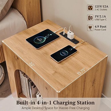 22" Arched Nightstand with Type-C Charging Station USB Outlet Open Shelf