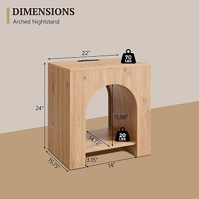 22" Arched Nightstand with Type-C Charging Station USB Outlet Open Shelf