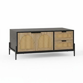 Coffee Table with LED Lights, Mid Century Modern Center Table with Drawers & Storage Doors