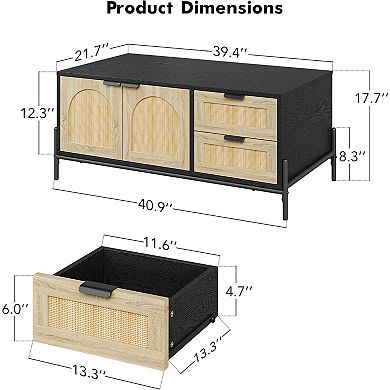 Coffee Table with LED Lights, Mid Century Modern Center Table with Drawers & Storage Doors