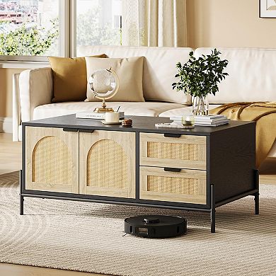 Coffee Table with LED Lights, Mid Century Modern Center Table with Drawers & Storage Doors