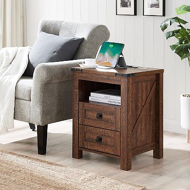 18" Farmhouse Nightstand Charging Station 2-Drawers Open Shelf