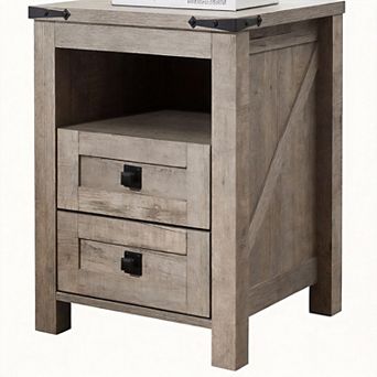 18" Farmhouse Nightstand Charging Station 2-Drawers Open Shelf