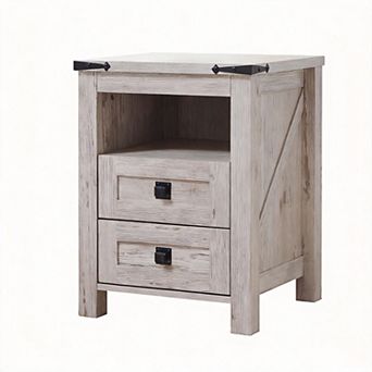 18" Farmhouse Nightstand Charging Station 2-Drawers Open Shelf