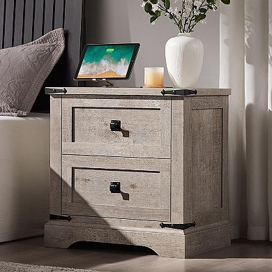 24" Farmhouse Nightstand Charging Station 2-Drawer Rustic Bedside Table