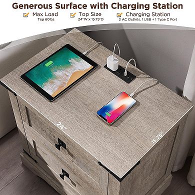 24" Farmhouse Nightstand Charging Station 2-Drawer Rustic Bedside Table