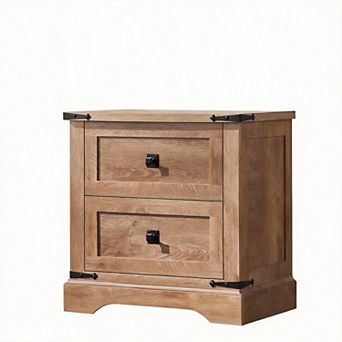 24" Farmhouse Nightstand Charging Station 2-Drawer Rustic Bedside Table