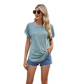 Womens Tops Short Sleeve Hollow Shirts Blouses for Women Dressy Casual Top with Curved Hem