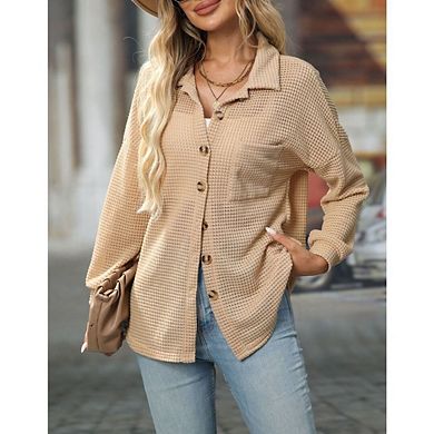 Womens Waffle Knit Shacket Jacket Casual Long Sleeve Button Down Shirts Dressy Blouses Tops