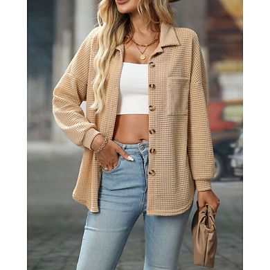 Womens Waffle Knit Shacket Jacket Casual Long Sleeve Button Down Shirts Dressy Blouses Tops