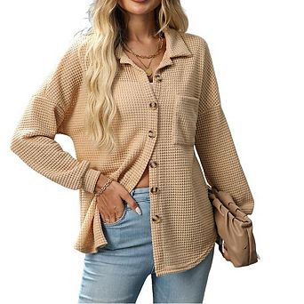 Womens Waffle Knit Shacket Jacket Casual Long Sleeve Button Down Shirts Dressy Blouses Tops