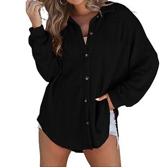 Womens Waffle Knit Shacket Jacket Casual Long Sleeve Button Down Shirts Dressy Blouses Tops