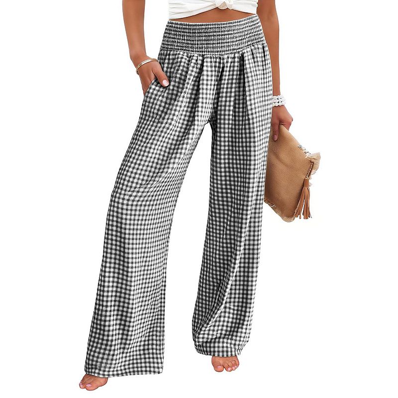 Women Casual Plaid Pants Elastic High Waist Wide Leg Lounge Pants