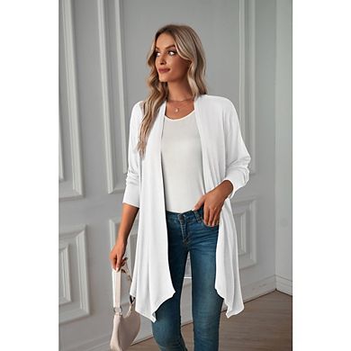Womens Open Front Cardigan Long Sleeve Asymmetrical Hem Casual Duster with Pocket for Lounge Office