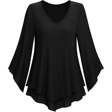 Womens 3/4 Sleeve Dressy Blouse Double Layers Mesh Shirt Ruffle Flared Sleeve Tunic Tops