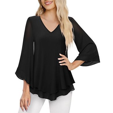 Womens 3/4 Sleeve Dressy Blouse Double Layers Mesh Shirt Ruffle Flared Sleeve Tunic Tops
