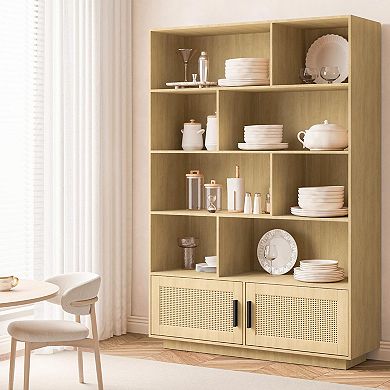 ANIXOL 5-Tier Boho Bookcase with Rattan Doors
