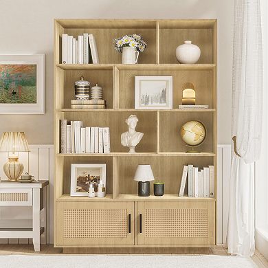 ANIXOL 5-Tier Boho Bookcase with Rattan Doors