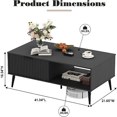 Modern Farmhouse Coffee Table with Storage, 2-Tier Wooden Center Table with Sliding Door