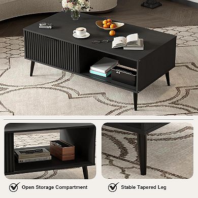 Modern Farmhouse Coffee Table with Storage, 2-Tier Wooden Center Table with Sliding Door