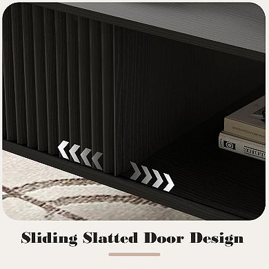 Modern Farmhouse Coffee Table with Storage, 2-Tier Wooden Center Table with Sliding Door
