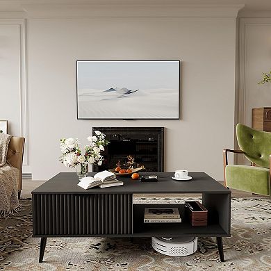 Modern Farmhouse Coffee Table with Storage, 2-Tier Wooden Center Table with Sliding Door