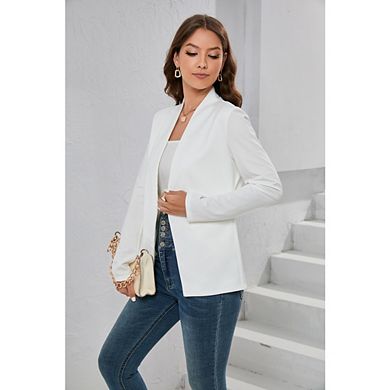 Women's Open Front Blazer Collarless Long Sleeve Casual Work Office Jacket with Pockets