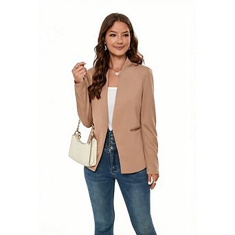 Women's Open Front Blazer Collarless Long Sleeve Casual Work Office Jacket with Pockets