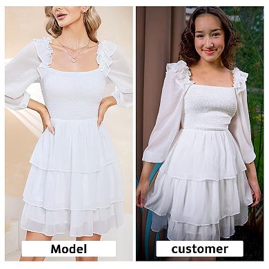 Womens Long Sleeve Smocked Mini Dress Square Neck Ruffle Style