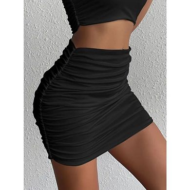 Women's Stretch High Waist Ruched Bodycon Layer Casual Mini Skirt