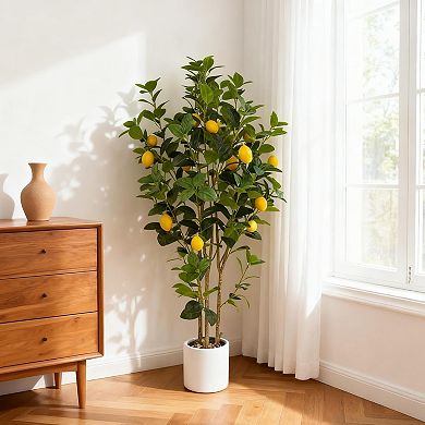 Artificial Lemon Tree,5ft Floor Faux Lemon Plastic Plant in White Pot,Fake Lemon Fruit Silk Tree