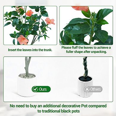 4ft Artificial Hibiscus Tree, Red Faux Flower Plant for Indoor Outdoor Home Decor