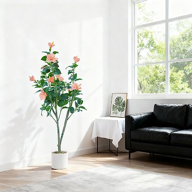 4ft Artificial Hibiscus Tree, Red Faux Flower Plant for Indoor Outdoor Home Decor