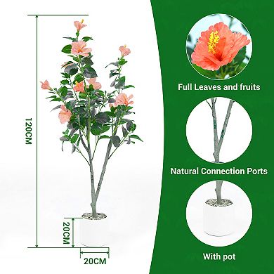 4ft Artificial Hibiscus Tree, Red Faux Flower Plant for Indoor Outdoor Home Decor