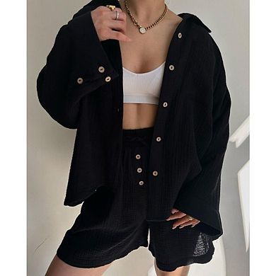 Women 2 Piece Outfits Long Sleeve Button Down Blouse and Shorts Sweatsuit Sets