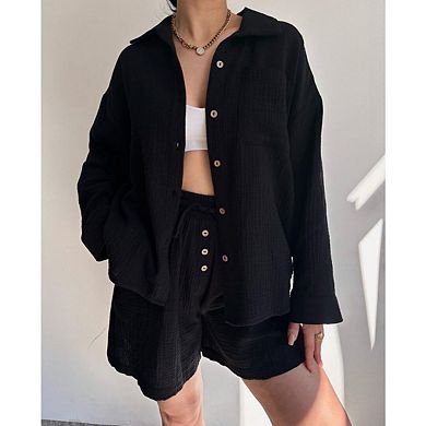 Women 2 Piece Outfits Long Sleeve Button Down Blouse and Shorts Sweatsuit Sets