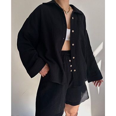 Women 2 Piece Outfits Long Sleeve Button Down Blouse and Shorts Sweatsuit Sets
