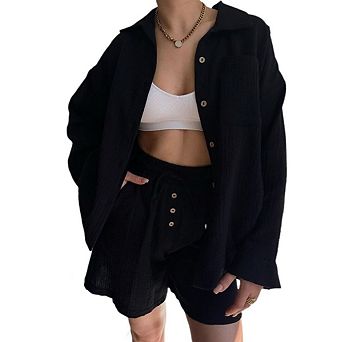 Women 2 pc Outfits Long Sleeve Button Down Blouse and Shorts Sweatsuit Sets