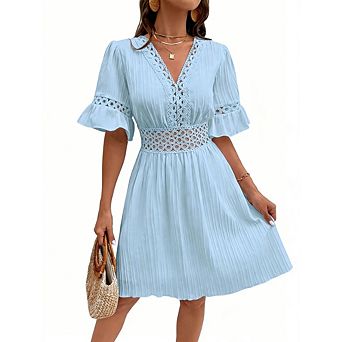 Womens Elegant Lace Trim Dress V Neck Short Ruffle Sleeve Crochet Waist Solid Pleated Mini Dress