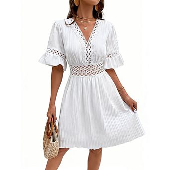 Womens Elegant Lace Trim Dress V Neck Short Ruffle Sleeve Crochet Waist Solid Pleated Mini Dress
