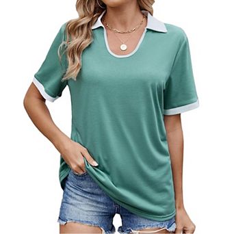 Women's Notch Lapel Color Block Relaxed Fit Short Sleeve T-Shirt Fashion Casual Top