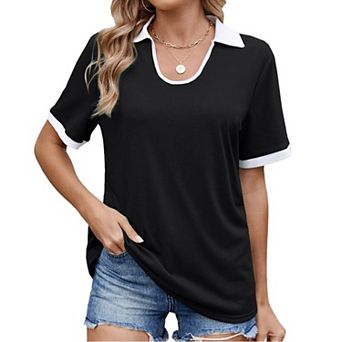 Women's Notch Lapel Color Block Relaxed Fit Short Sleeve T-Shirt Fashion Casual Top