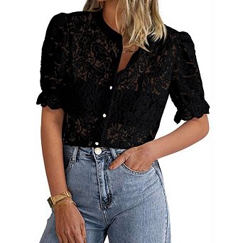 Women's Dressy Casual Lace Blouse Short Sleeve Button Up Shirts Tops Summer Fashion Clothes