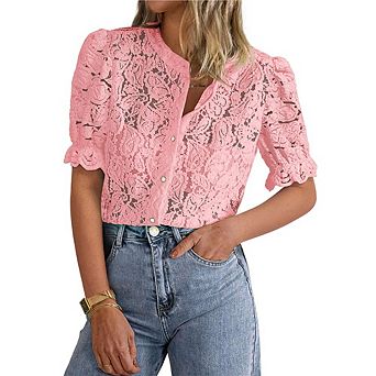 Women's Dressy Casual Lace Blouse Short Sleeve Button Up Shirts Tops Summer Fashion Clothes