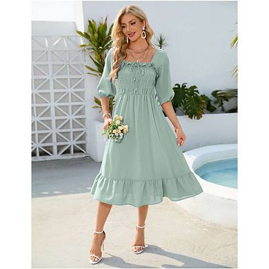 Women's Elastic Square Neck Half Sleeve Smocked Ruffle Hem Maxi Dress Backless Beach Dress