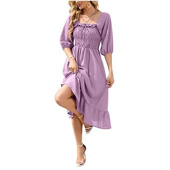 Women's Elastic Square Neck Half Sleeve Smocked Ruffle Hem Maxi Dress Backless Beach Dress