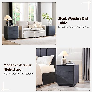22" Modern Nightstand Charging Station Push-to-Open Handleless 3 Drawers