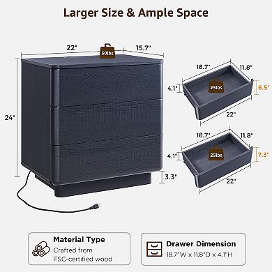 22" Modern Nightstand Charging Station Push-to-Open Handleless 3 Drawers
