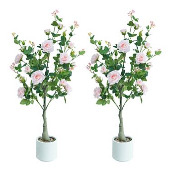 2Pack Artificial Rose Flower Trees,4ft Faux Rose Tree with Green Leaves for Living Room Office Home