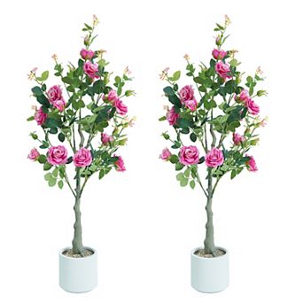 2Pack Artificial Rose Flower Trees,4ft Faux Rose Tree with Green Leaves for Living Room Office Home